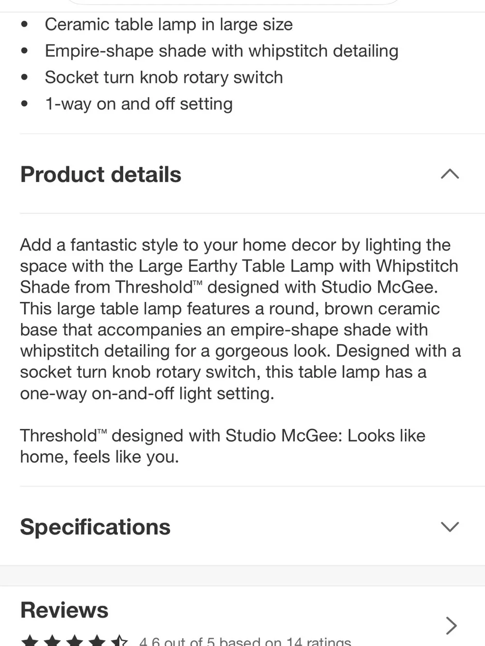 Studio McGee Brown Ceramic Table Lamp with Cream Whipstitch Shade